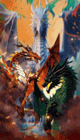 a painting of a group of dragons including a green one