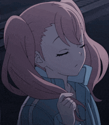 a girl with pink hair has her eyes closed and her hair in a ponytail