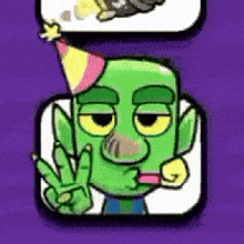 a cartoon character with a party hat on giving a peace sign .