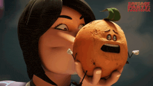 a cartoon of a woman kissing an orange with arms and legs from sausage party food fight