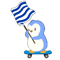 a penguin is riding a skateboard while holding a uruguay flag