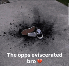 a pair of shoes and a bottle on the ground with the words the opps eviscerated bro
