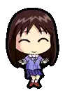 a pixel art drawing of a girl with long brown hair and a purple shirt .