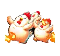 a bunch of chickens are dancing together with flames coming out of them