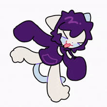 a drawing of a cat with a purple head and a white tail