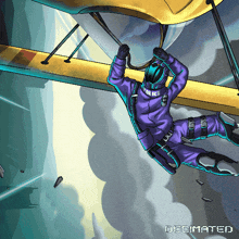 a cartoon of a police officer in a purple suit flying through the air