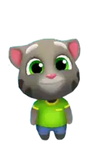 a cartoon cat wearing a green shirt and blue pants is standing on a white background .