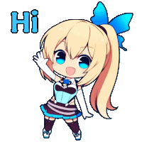 a cartoon girl with a blue bow and the word hi behind her