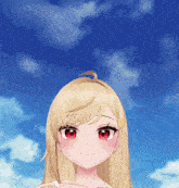 a blonde anime girl with red eyes and a blue sky behind her