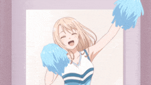 a cheerleader in a blue and white uniform holds her pom poms in the air
