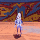 a girl with long white hair is standing in front of a wall that has graffiti on it