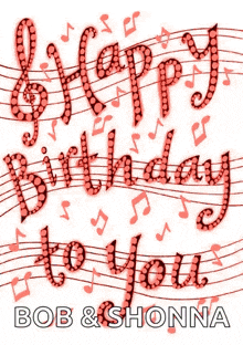 a happy birthday to bob and shanna with music notes and a treble clef on a white background .
