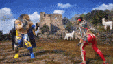 a man and a woman are fighting in a video game while a llama is standing in the background