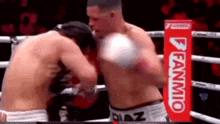 two men are boxing in a boxing ring with a fanmio sign in the background .
