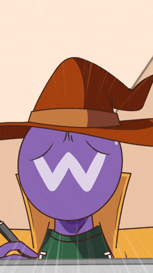 a cartoon character wearing a witch hat with the letter w on it