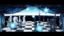 a man stands on a checkered chess board with a blue curtain behind him