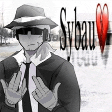 a black and white drawing of a man wearing a hat and tie with sybau written in red
