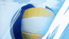 a blue and yellow volleyball against a blue and white background
