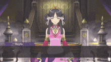 a video game character named rayfa is sitting in front of a throne