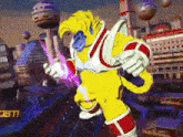 a cartoon monkey is holding a purple sword in front of a city and a sign that says lost