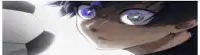 a close up of a person 's face with purple eyes and a soccer ball .