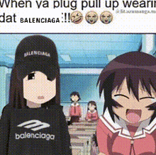two anime girls are standing next to each other in a classroom wearing balenciaga shirts and hats .