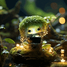 a cartoon character with a mossy head is holding a phone