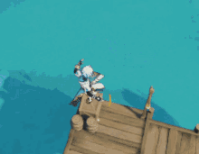 a video game character is standing on a wooden dock with a shadow on the floor