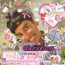 a picture of a man with stickers on his face and the words my name is darshien