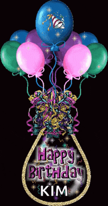 a happy birthday kim greeting card with balloons and streamers