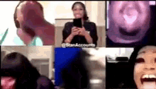 a group of people are having a video call and one of them is holding a tablet .