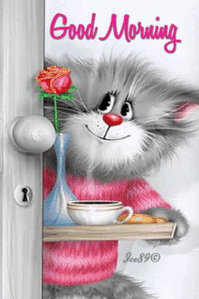 good morning flower rose cat vase