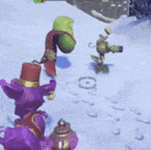 a group of plants are walking in the snow .