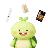 a green turtle with a backpack is surrounded by various items