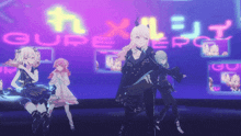 a group of anime girls are dancing in front of a sign that says gure