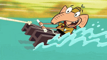 a cartoon character is riding a boat in the water