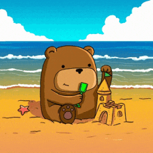 a cartoon of a teddy bear building a sand castle