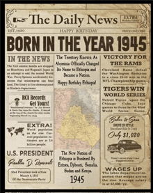 the front page of a newspaper that says " born in the year 1945 "