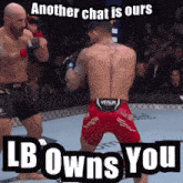 two men are fighting in a boxing ring with a caption that says another chat is ours lb owns you