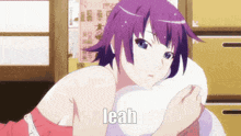 a girl with purple hair is laying on a pillow and the word leah is on the bottom of the image