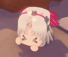 a 3d rendering of a girl with white hair and a pink headband is laying on the ground .