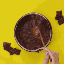 a bowl of chocolate sauce next to some chocolate bars
