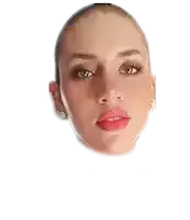 a close up of a woman 's face with a bald head and pink lipstick .