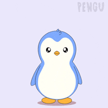 a blue and white penguin is jumping in the air with the word pengu below it