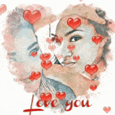 a painting of a man and a woman with hearts around them and the words " love you "