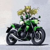 a drawing of a girl riding a green motorcycle with the words minimax on the bottom