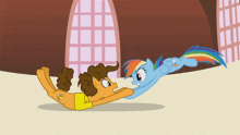 a cartoon of a man and a pony with rainbows on their backs