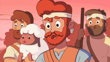 a cartoon of a man with a beard holding a sheep and a stick