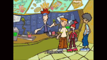 a group of cartoon characters are standing in front of a fast food counter with hebrew writing on it
