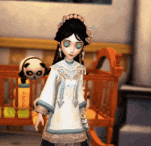 a girl in a white dress is standing next to a crib with a stuffed panda on it